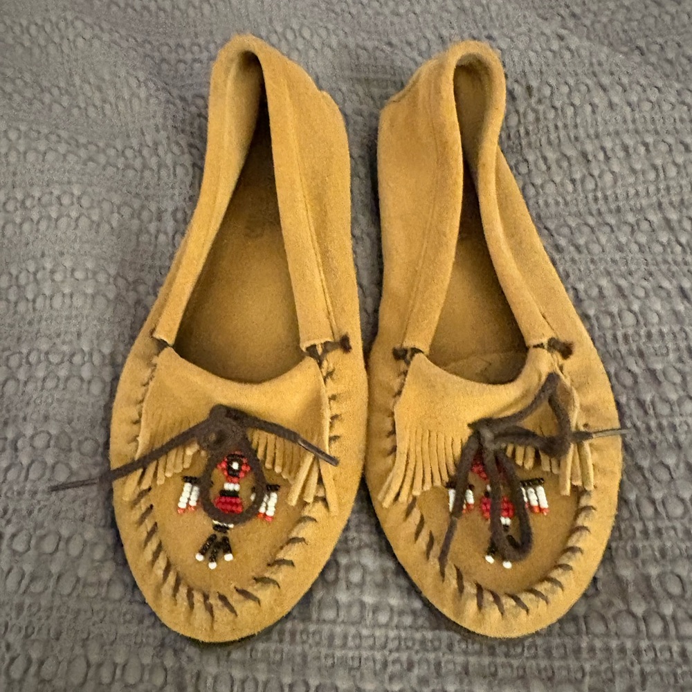 Minnetonka Tan Moccasins with Beaded Design